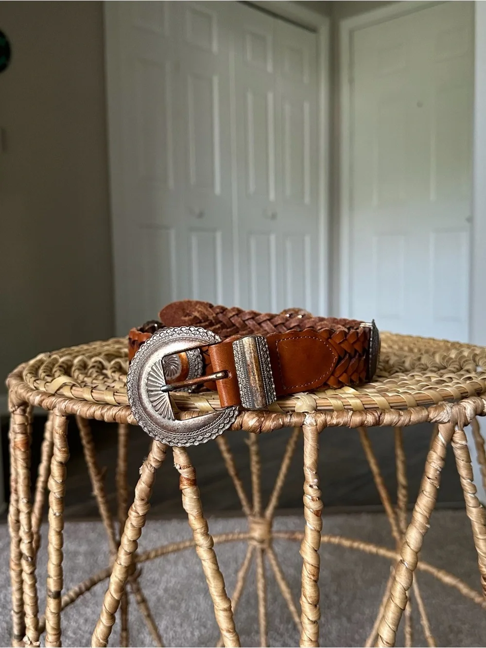 Brighton Braided Leather Belt with Heart Conchos in Chestnut Brown and Silver